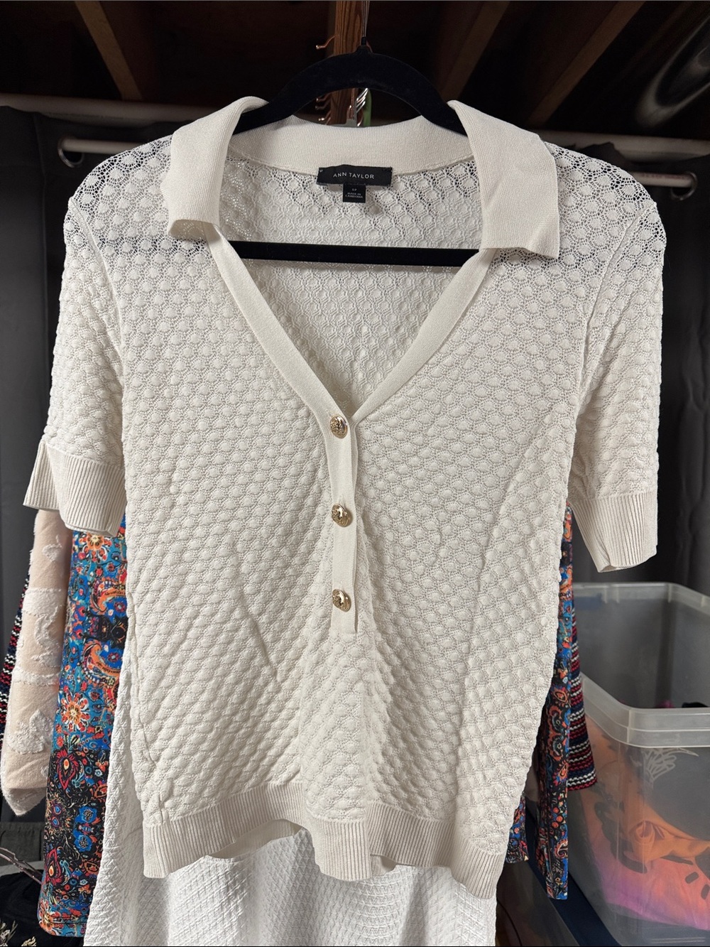 Ann Taylor Cream Short-Sleeve Textured Polo Top